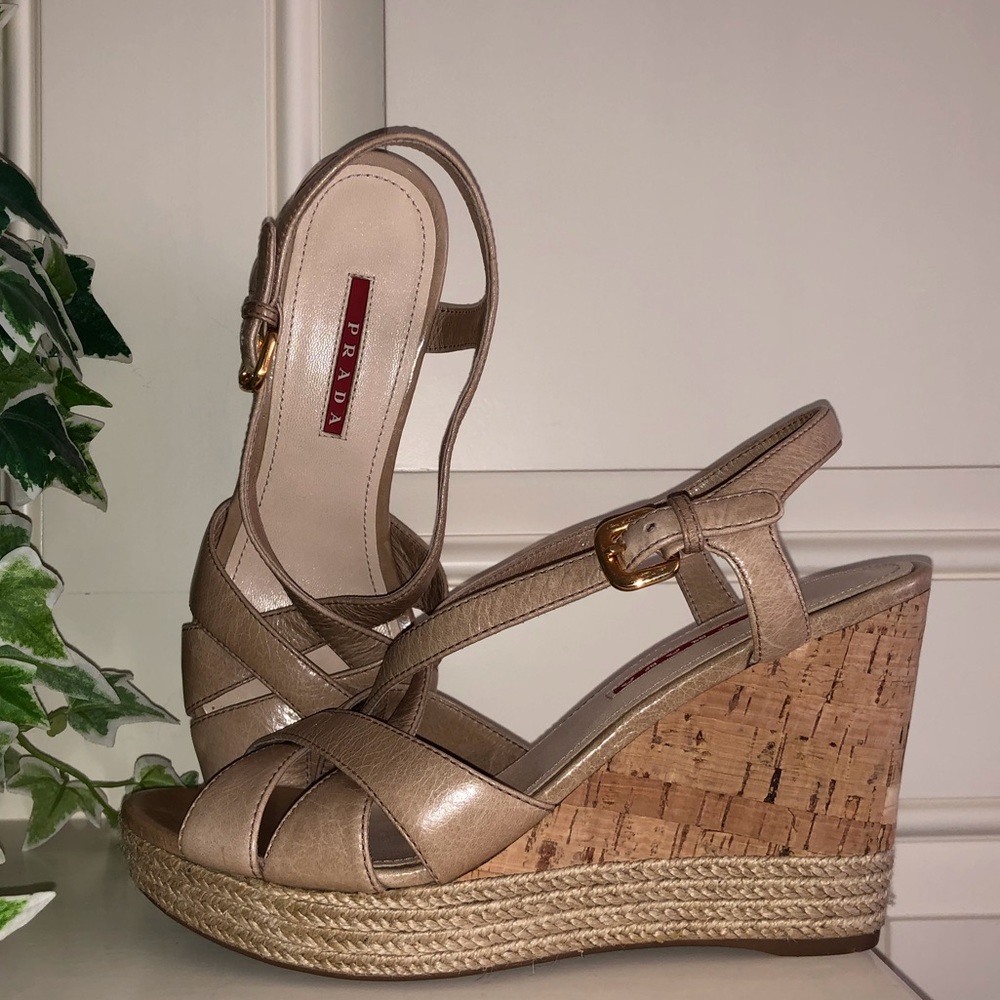 Prada Tan Platform Cork Wedge Sandals New Size 38